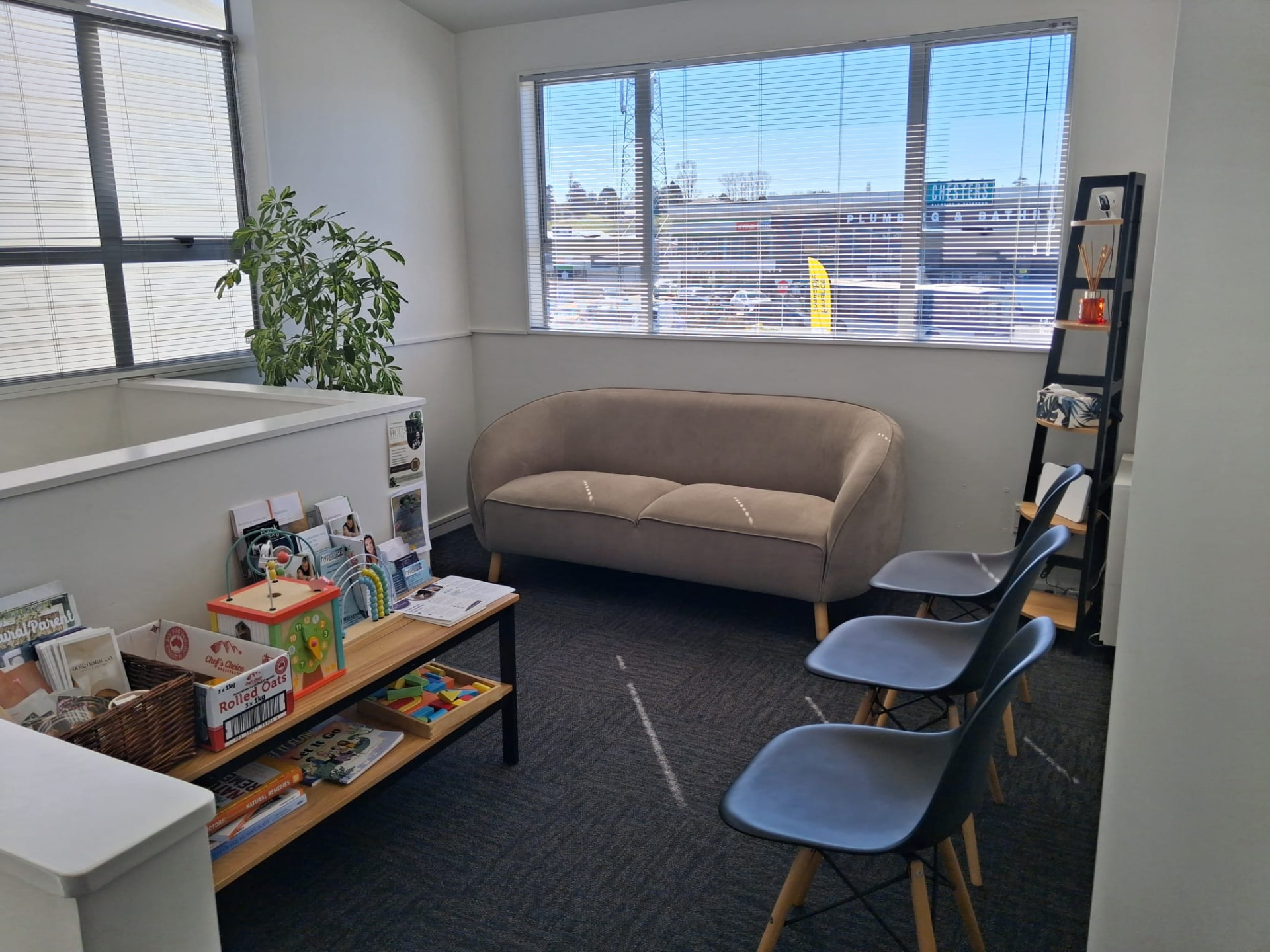 The Vibe Psychotherapy waiting room in Kumeu with a soft couch, plants and books